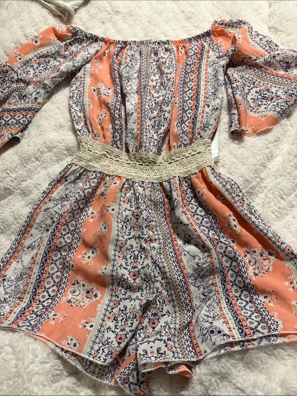 J for Justify Coral and Cream Floral Off-Shoulder Romper